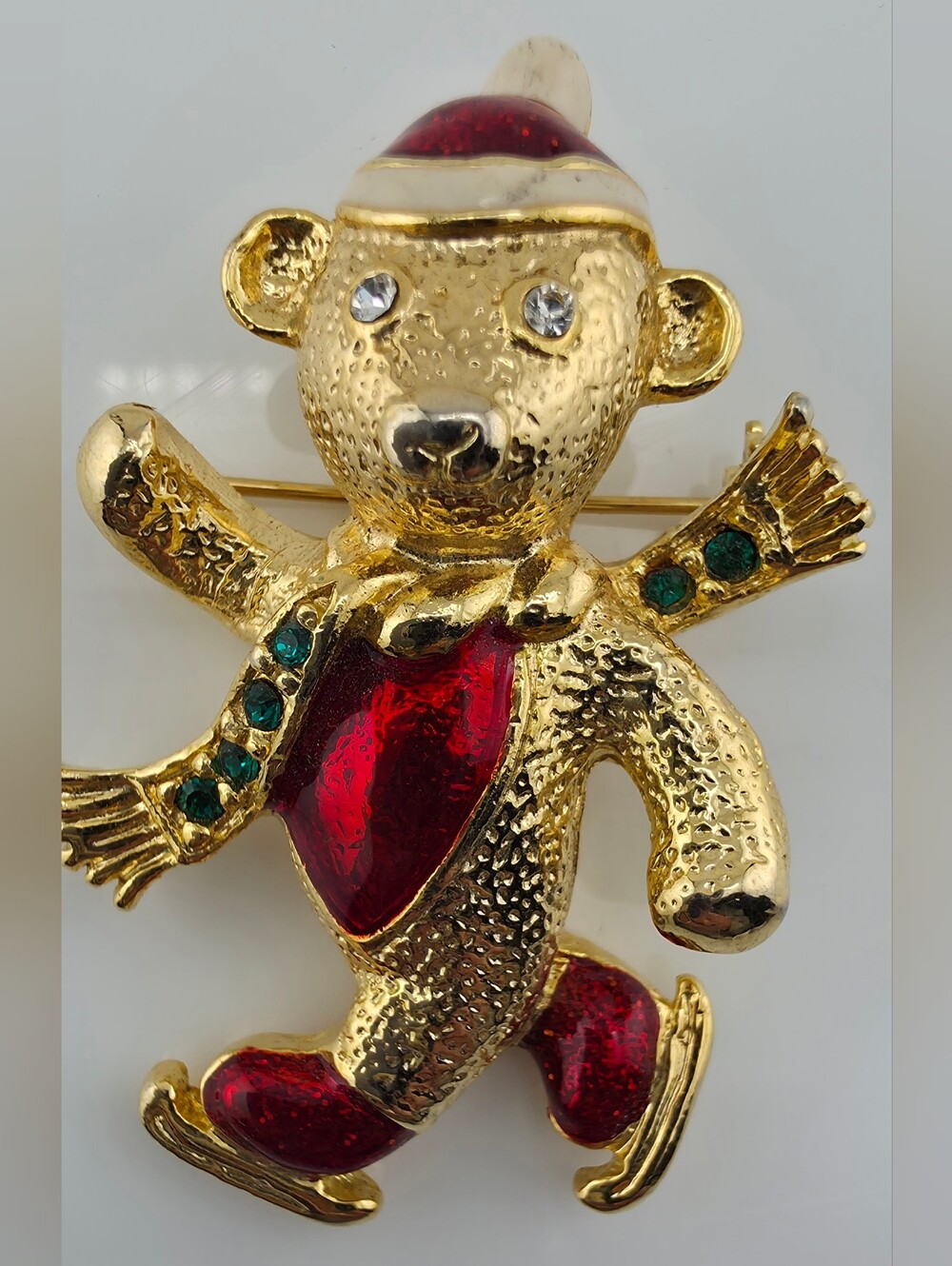 Vintage Christmas Ice Skating Teddy Bear Brooch Rhinestone Enamel Gold Tone